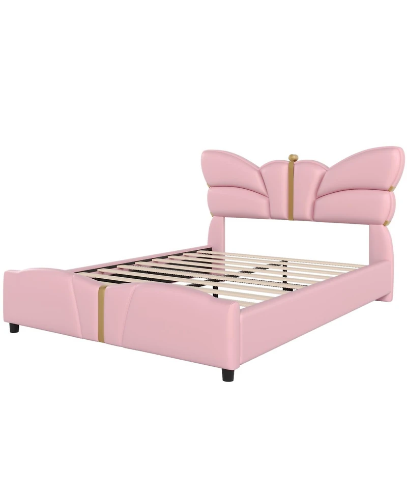 Streamdale Furniture Queen Upholstered Bed Frame, Butterfly Headboard, Gold Accents