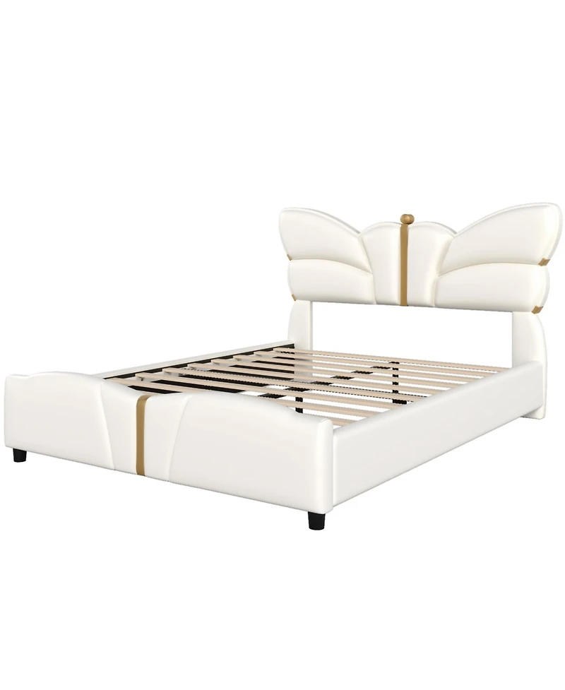 Streamdale Furniture Queen Upholstered Bed Frame, Butterfly Headboard, Gold Accents
