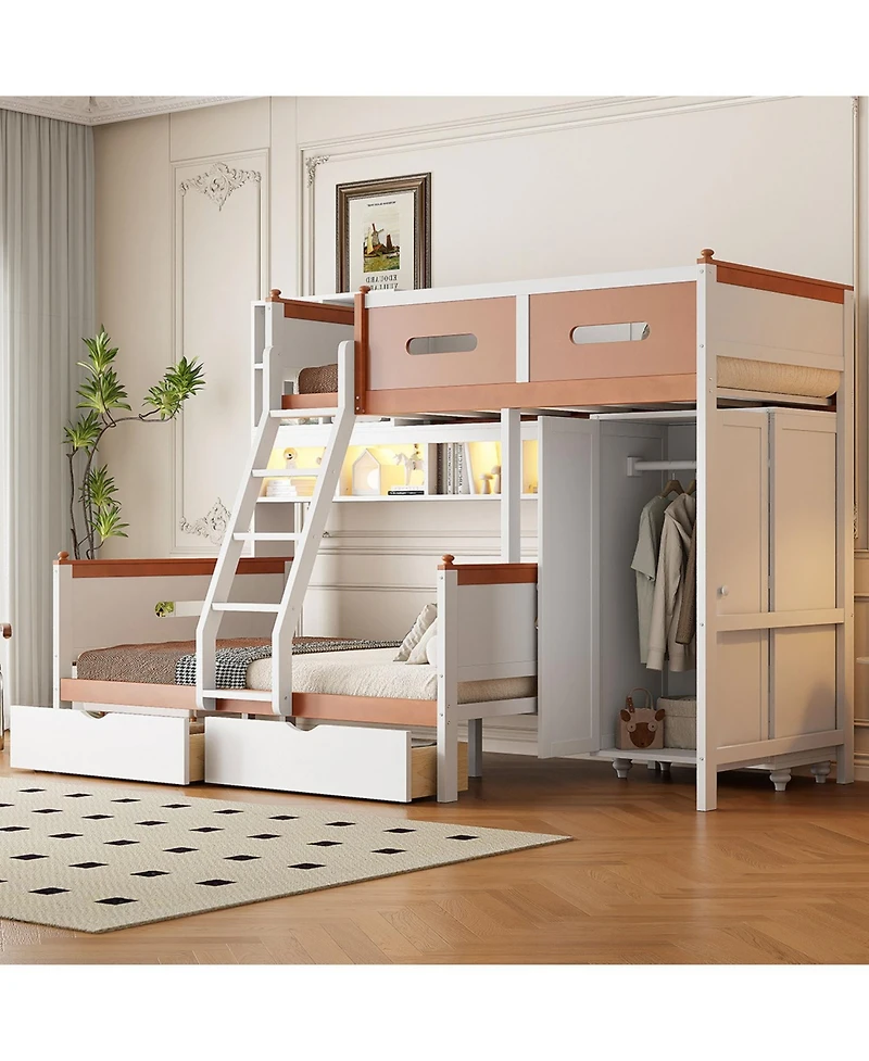 Streamdale Furniture Twin Over Full Bunk Bed Wardrobe, Drawers, Shelves & Led