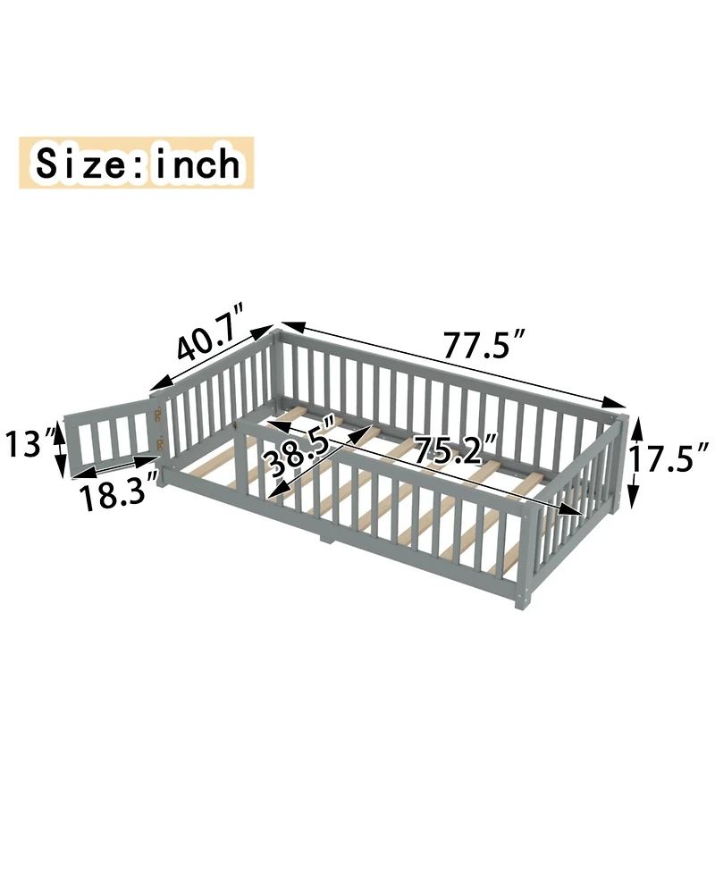 Streamdale Furniture Twin Floor Bed with Guardrails & Door - Gray