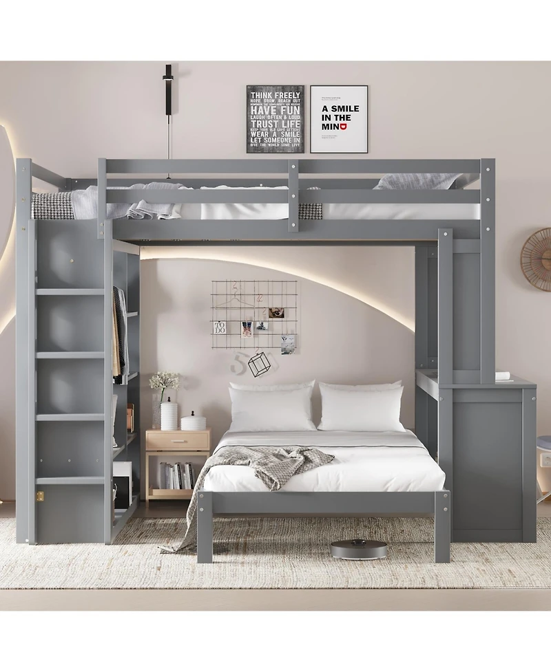 Streamdale Furniture Queen over Twin Bunk Bed with Desk, Shelves & Wardrobe