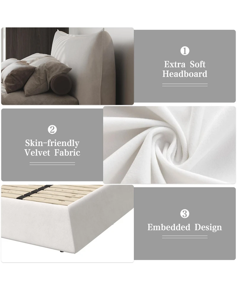 Streamdale Furniture King Upholstered Platform Bed, Velvet Headboard, Cream