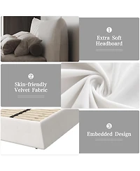 Streamdale Furniture King Upholstered Platform Bed, Velvet Headboard, Cream