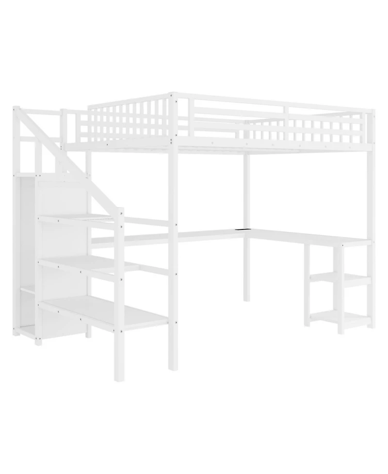 Streamdale Queen Loft Bed with Wardrobe, Desk, & Led - White