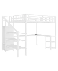 Streamdale Queen Loft Bed with Wardrobe, Desk, & Led - White