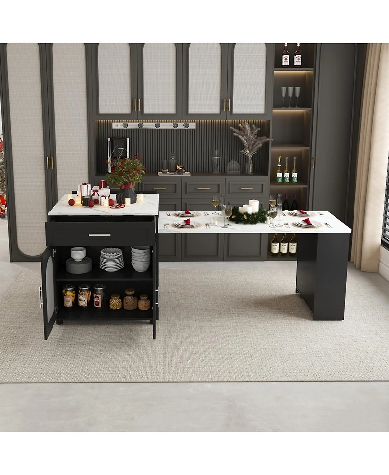 Streamdale Furniture Expandable Kitchen Island, Marble Top, Power Outlet, Storage Cart - Black
