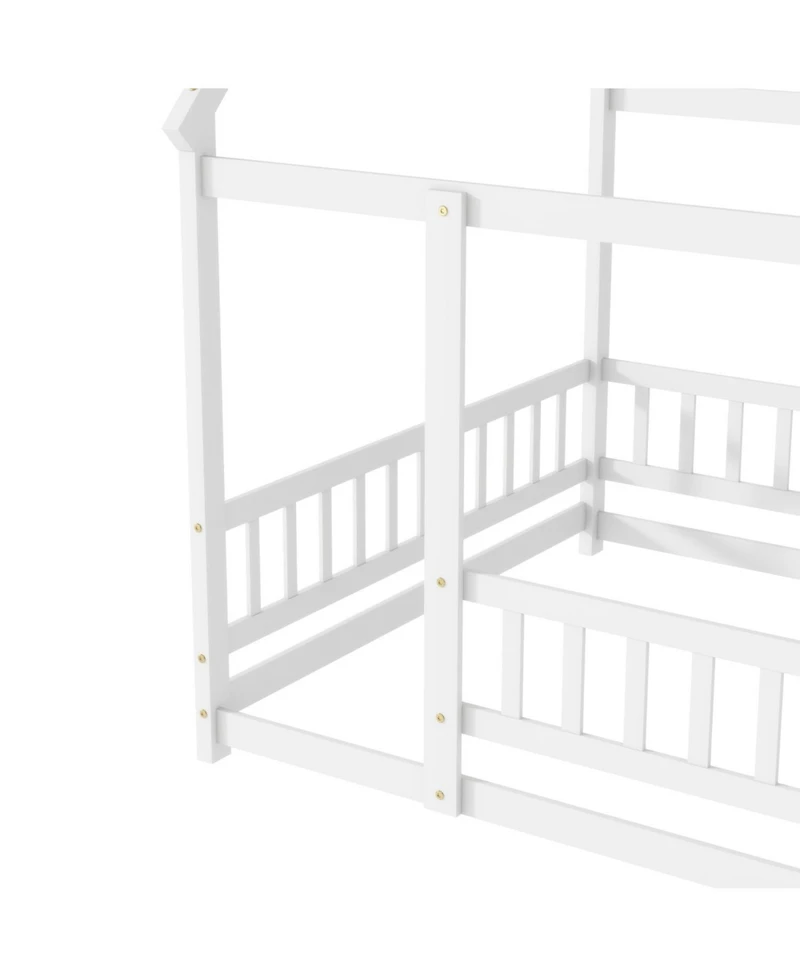 Streamdale Furniture Full Size House Floor Wooden Bed with Roof Frame, Safety Guardrails