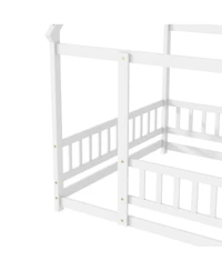 Streamdale Furniture Full Size House Floor Wooden Bed with Roof Frame, Safety Guardrails