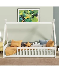 Streamdale Furniture Twin Tent-shaped Floor Bed,Teepee Bed with Guardrails,Slats