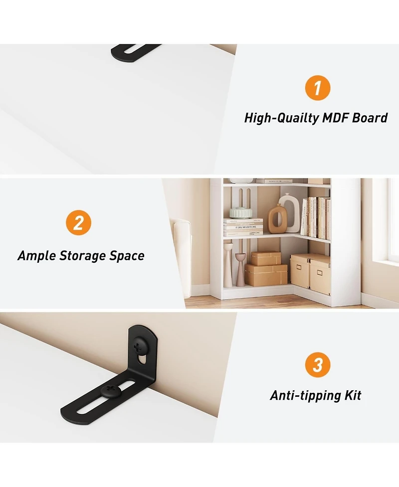 gaomon 5-Tier Farmhouse Corner Bookshelf, 72.8" L Shaped Wood Display Rack, White Half Panel, Living Room, Office