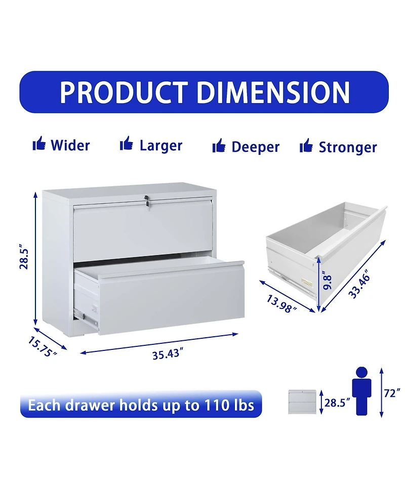 Boyel Living Lateral File Cabinet 2 Drawer, White Filing Cabinet with Lock, Locking Metal File Cabinet for Legal/Letter/A4/F4 Size