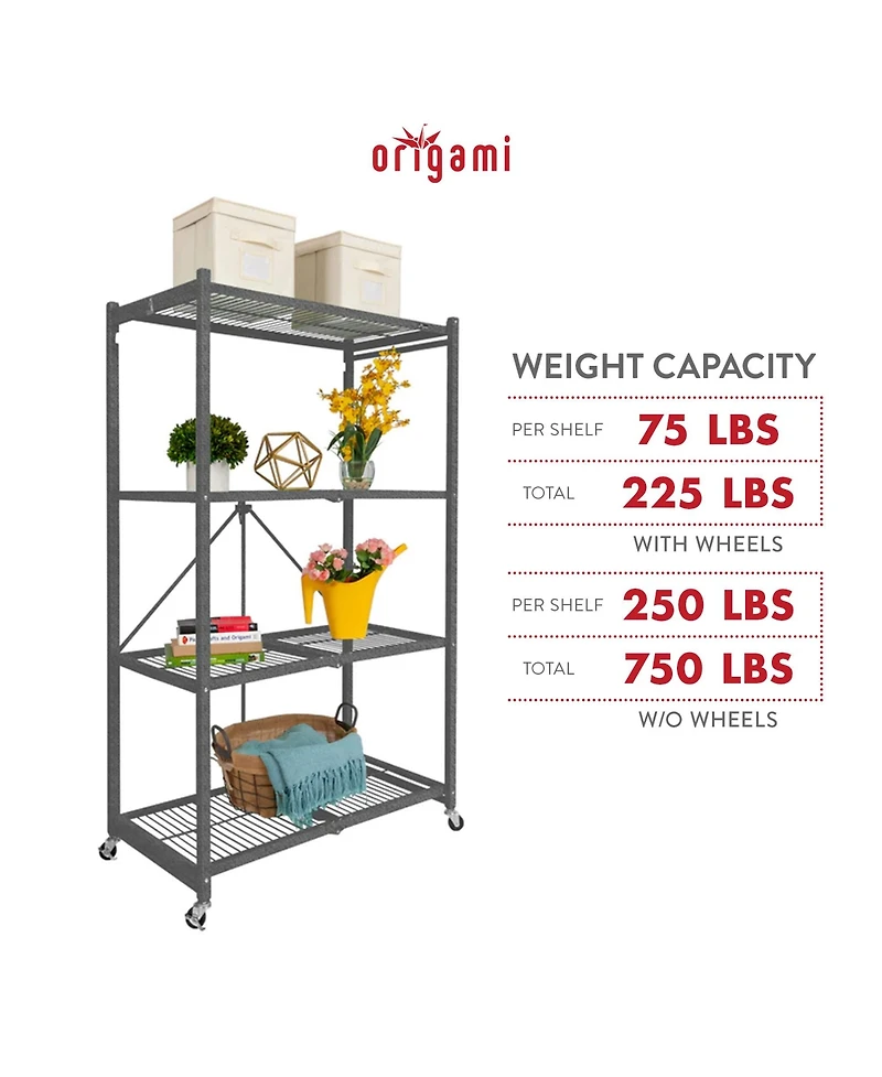 Origami 4 Tier Multipurpose Folding Storage Organizing Rack with Wheels, Gray