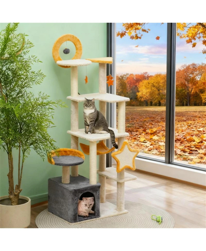 Aostirmotor 63" Moon & Star Themed Cat Tree with Condo, Scratching Posts & Cat Bed