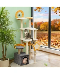 Aostirmotor 63" Moon & Star Themed Cat Tree with Condo, Scratching Posts & Cat Bed