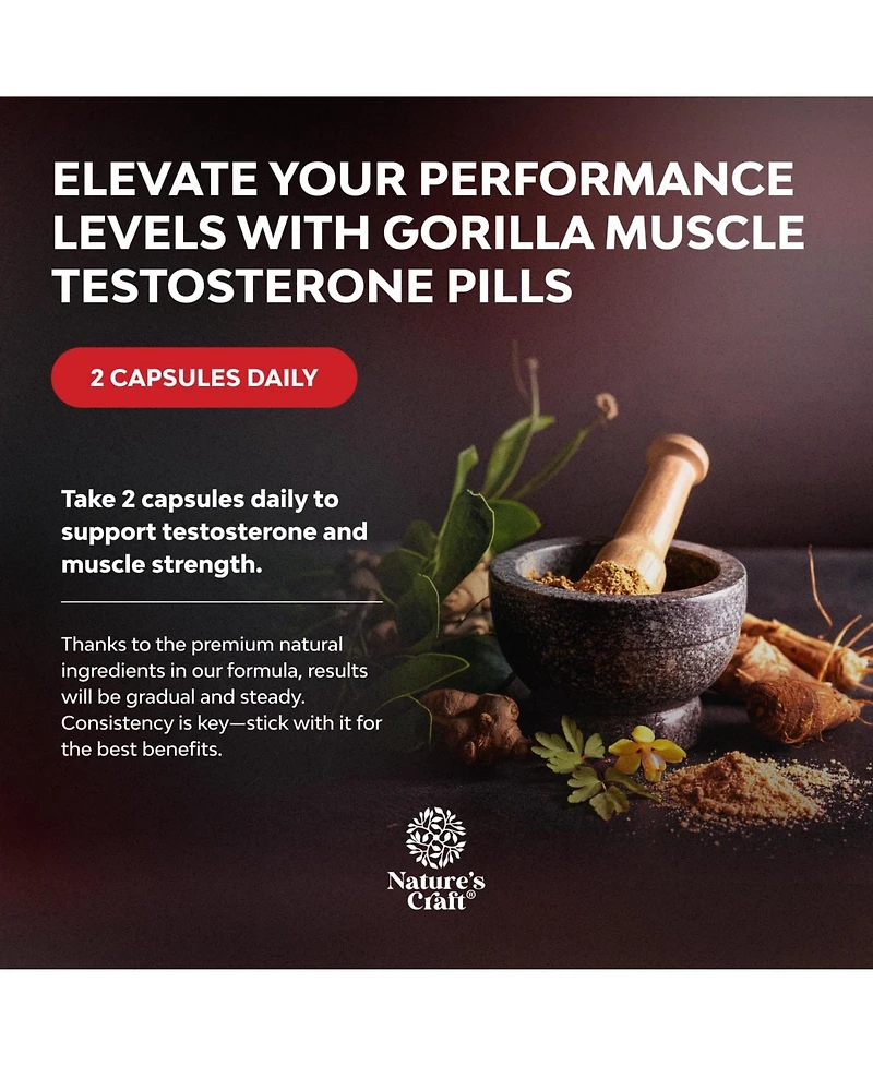 Nature's Craft Testosterone Booster for Men Libido, Nature's Craft, Gorilla Muscle for Fitness & Exercise, 60 Capsules
