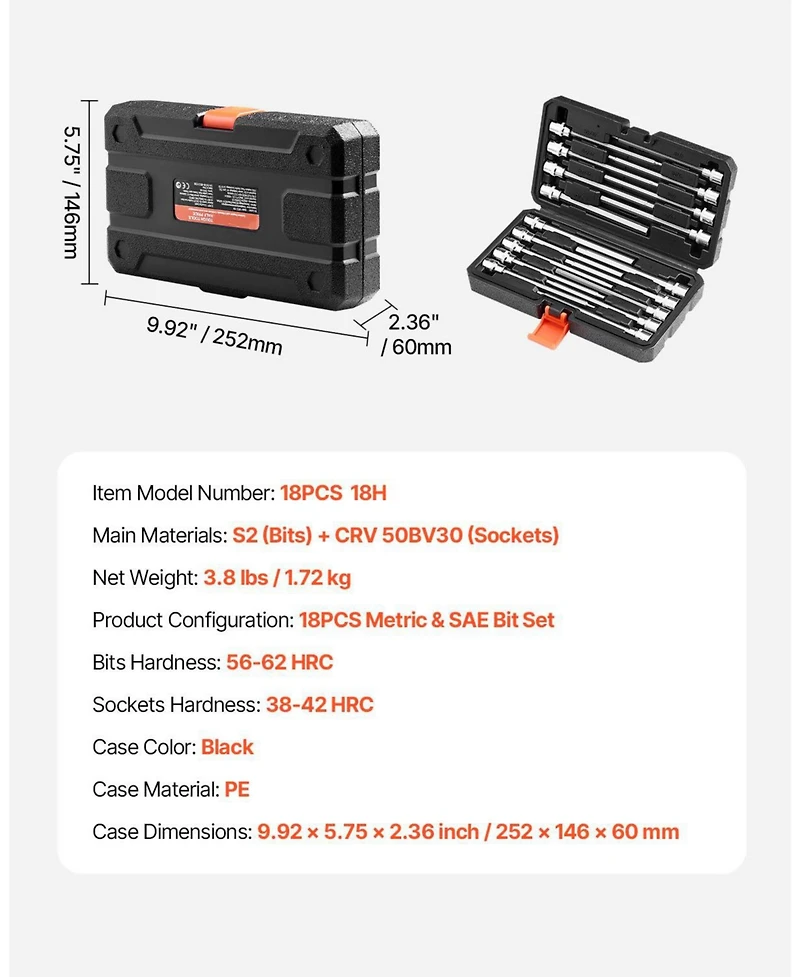 Sugfit 18-Piece Extra Long Allen Hex Bit Set for Hard-to-Reach Applications