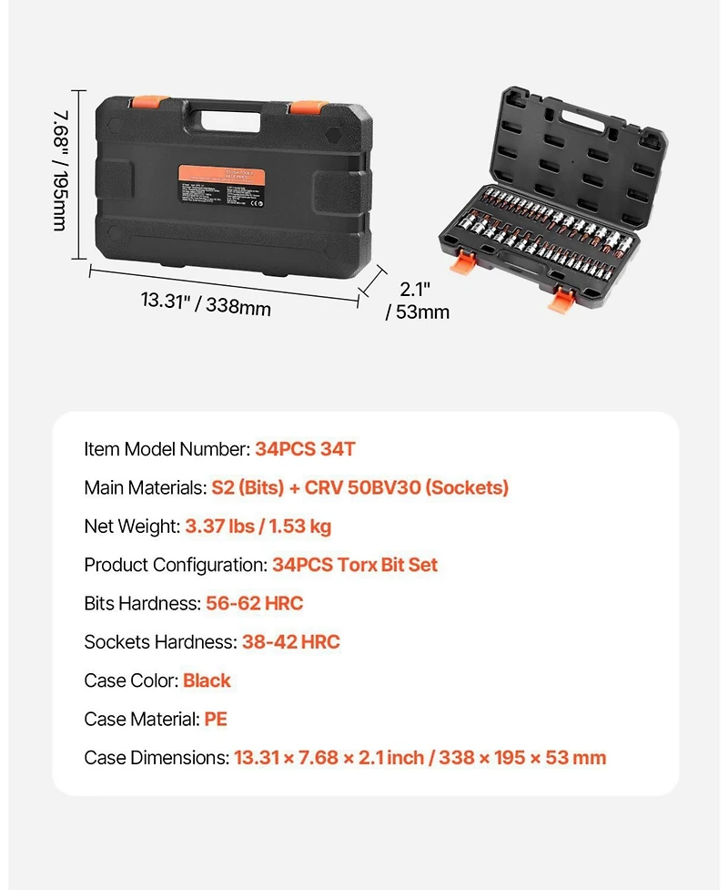 Sugift 34-Piece Torx Bit Socket Set with Tamper-Proof & Standard Sizes