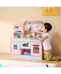 Sugift Wooden Play Kitchen Set with Electronic Sounds & Led Lights, Pink