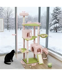 Aostirmotor 74" Flower Cat Tree with Scratching Post & Board in Pink