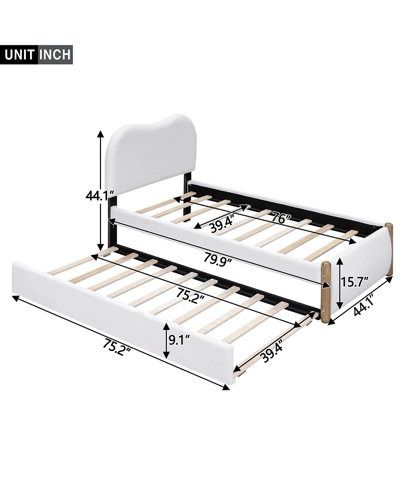 Lovmor Twin Size Upholstered Platform Bed with Wood Supporting Feet and Twin Size Trundle