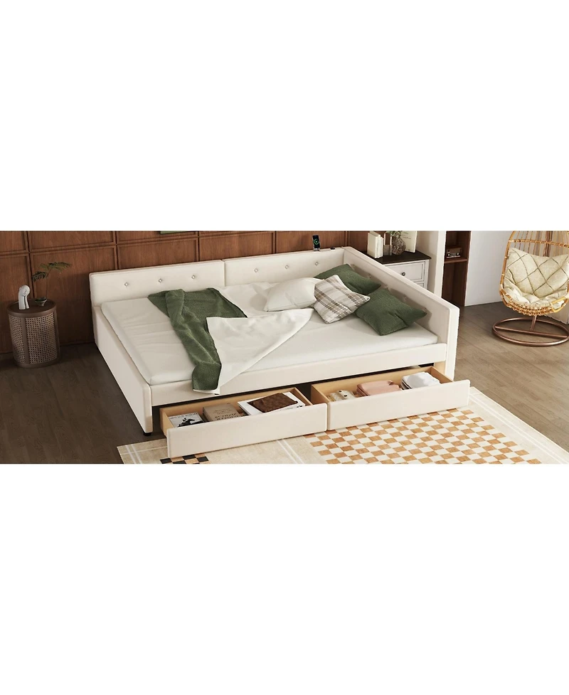 Lovmor Queen Size Upholstered Platform Bed with Usb and 2 Drawers Beige