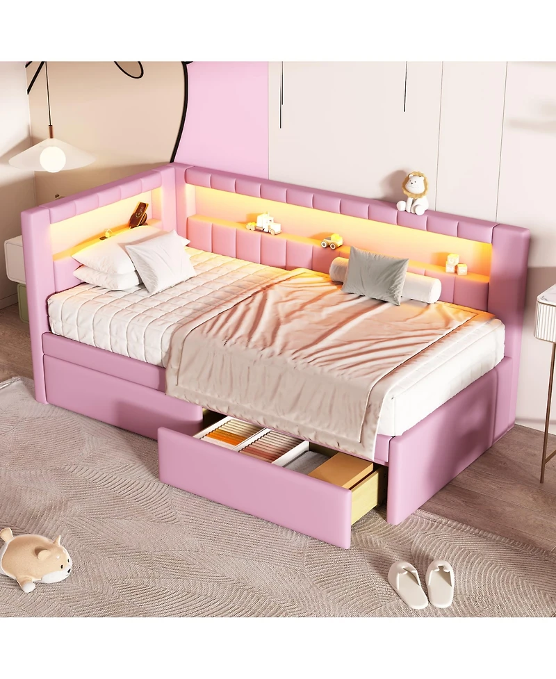 Lovmor Upholstered Twin Size Platform Bed with Usb Ports and Led Belt With 2 Drawers