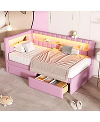 Lovmor Upholstered Twin Size Platform Bed with Usb Ports and Led Belt With 2 Drawers