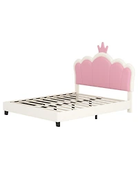 Lovmor Full size Upholstered Princess Bed With Crown Headboard Full Size Platform Bed with Headboard and Footboard Cream+Pink