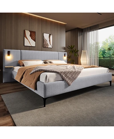 Lovmor Chic Linen Upholstered Bed with Integrated Lights and Shelves Grey Queen