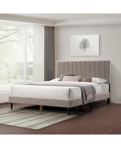 Lovmor Gray Upholstered Queen Platform Bed Frame Tufted Channel Headboard Mid-Century Bedroom Furniture No Box Spring Required