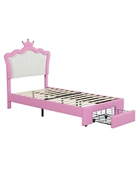 Lovmor Twin Size Upholstered Bed Frame with Led Lights Modern Upholstered Princess Bed with Crown Headboard a Drawer