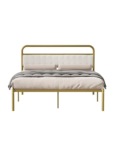 Lovmor Queen-Size Metal Steel Platform Bed Frame with Durable Upholstered Headboard Cushion Iron & Wood Adjustable for Hotels Villas
