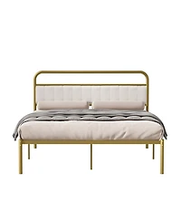 Lovmor Queen-Size Metal Steel Platform Bed Frame with Durable Upholstered Headboard Cushion Iron & Wood Adjustable for Hotels Villas