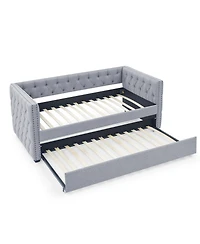 Lovmor Daybed with Trundle, Twin Size, Upholstered Tufted Sofa Bed with Button & Copper Nail Accents on Square Arms