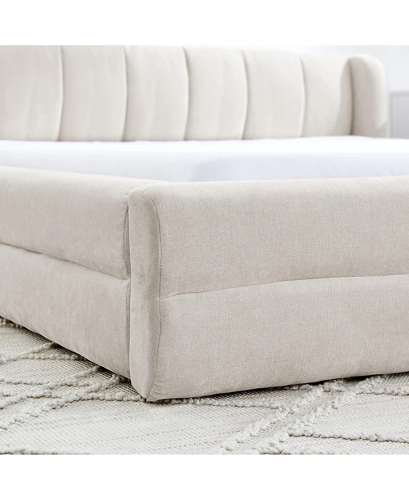 Lovmor Queen Size Upholstered Bed Frame with Thick Fabric Chenille Fabric Grounded Queen Size Platform Bed with Headboard and Solid Frame-Beige