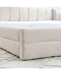 Lovmor Queen Size Upholstered Bed Frame with Thick Fabric Chenille Fabric Grounded Queen Size Platform Bed with Headboard and Solid Frame-Beige