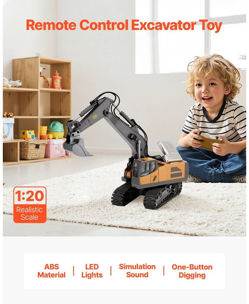 Mecale Rc Excavator Toy, 11-Channel 1:20 Scale Digger with Lights & Sounds, Full-Function Construction Vehicle with 2 Batteries