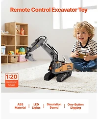Mecale Rc Excavator Toy, 11-Channel 1:20 Scale Digger with Lights & Sounds, Full-Function Construction Vehicle with 2 Batteries
