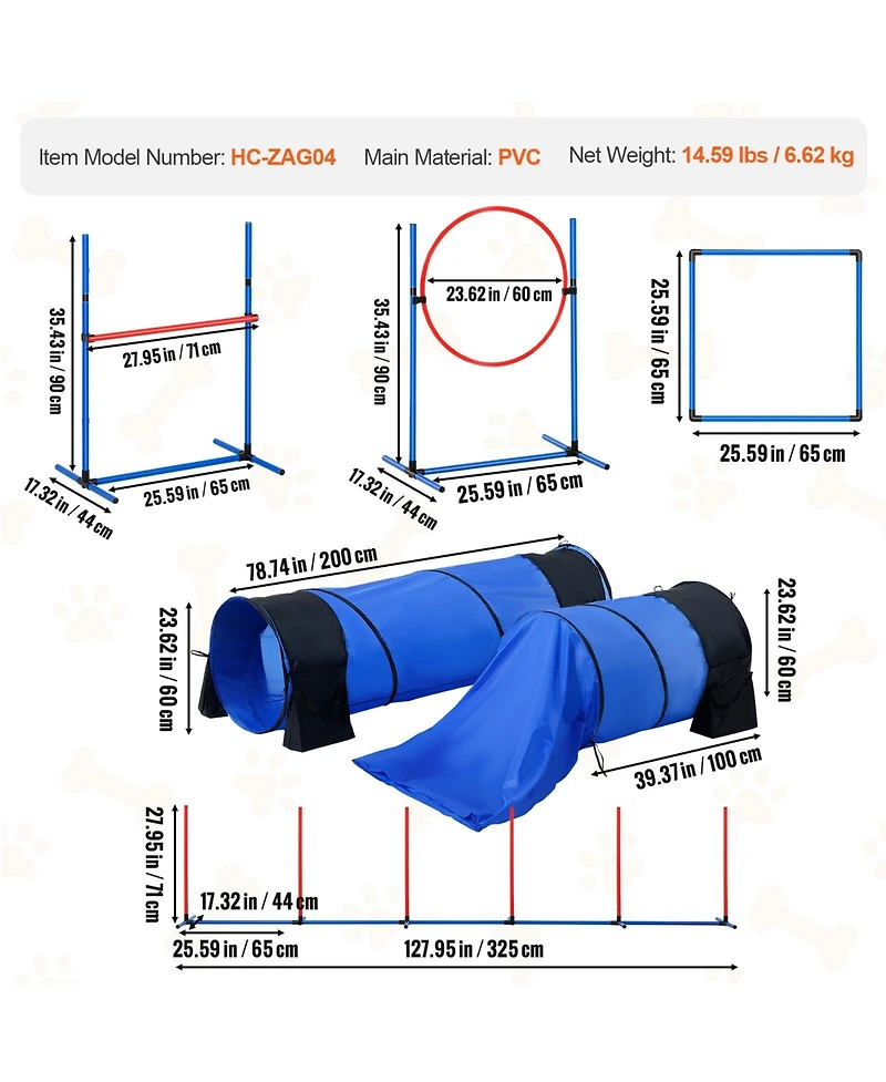 Cozito 7-Piece Dog Agility Training Set with 2 Tunnels & Weave Poles