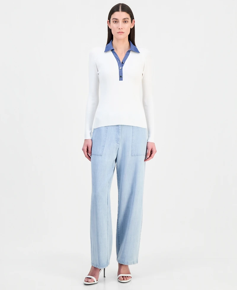 T Tahari Women's Contrast Collared Ribbed Knit Sweater