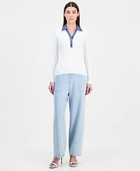 T Tahari Women's Contrast Collared Ribbed Knit Sweater