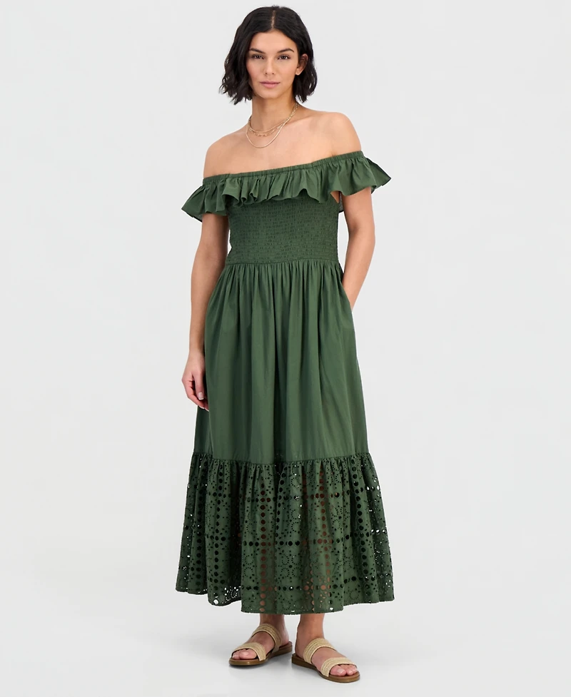 Dotti Women's Off-The-Shoulder Flounced Smocked Midi Dress