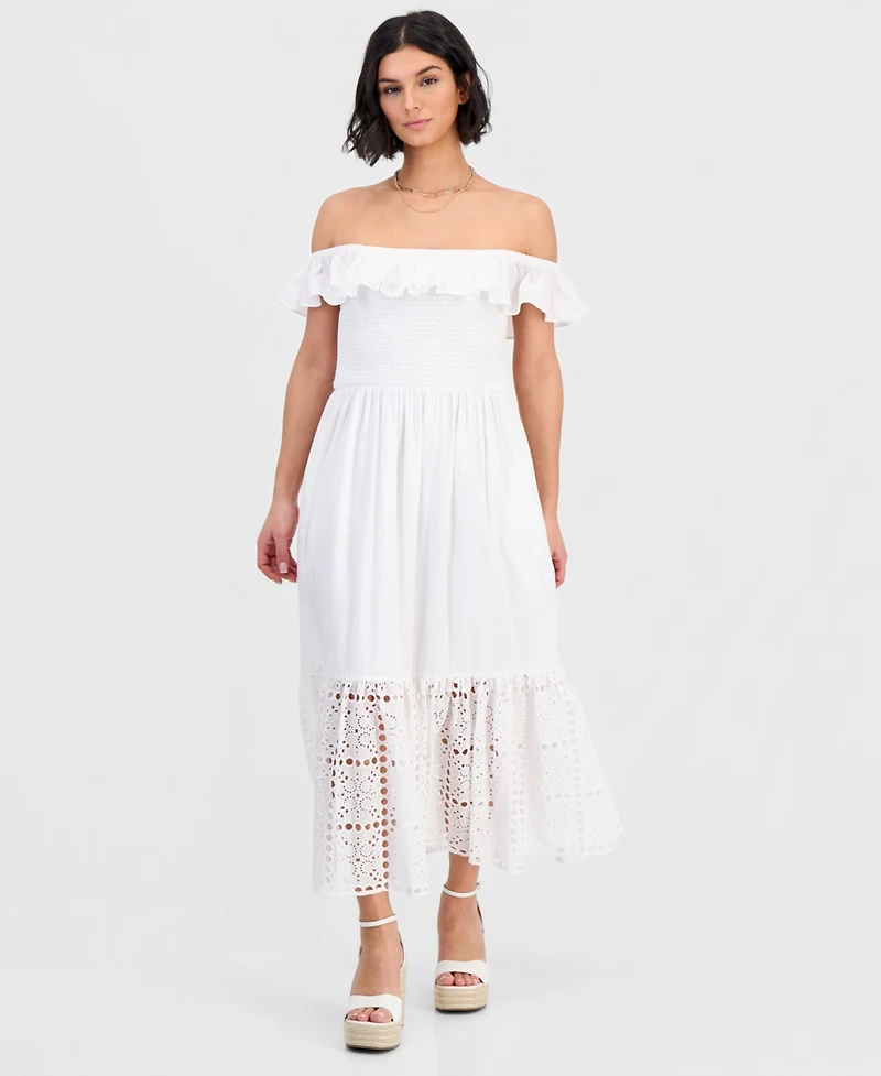 Dotti Women's Off-The-Shoulder Flounced Smocked Midi Dress