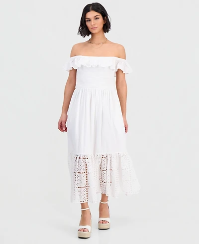 Dotti Women's Off-The-Shoulder Flounced Smocked Midi Dress