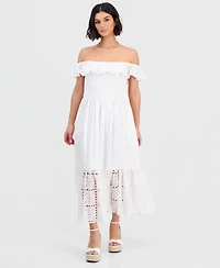 Dotti Women's Off-The-Shoulder Flounced Smocked Midi Dress