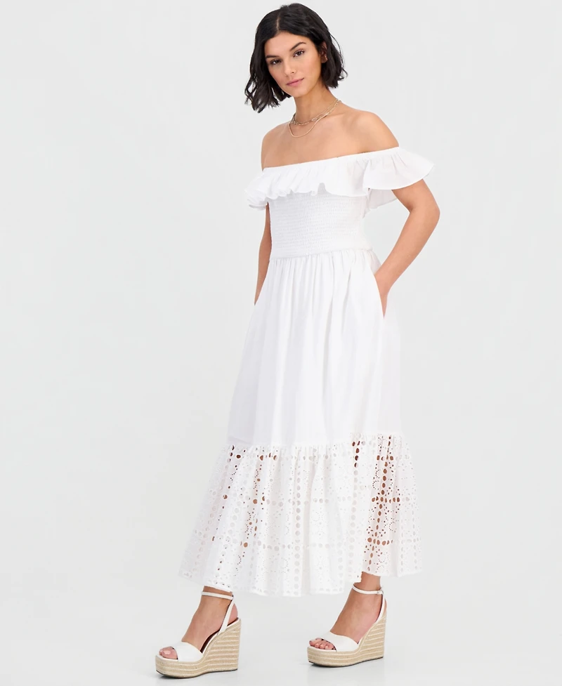 Dotti Women's Off-The-Shoulder Flounced Smocked Midi Dress