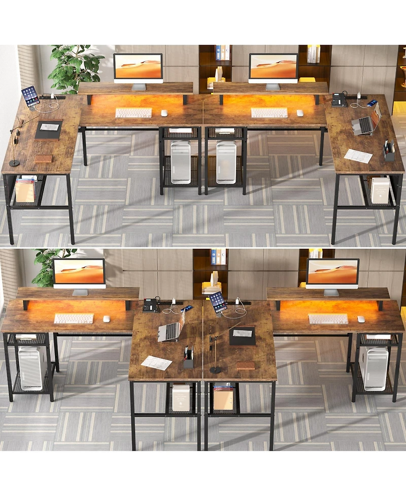 55.5'' Reversible L-shaped Desk with Power Outlets and Rgb Led Lights, Computer Table Cpu Stand Monitor