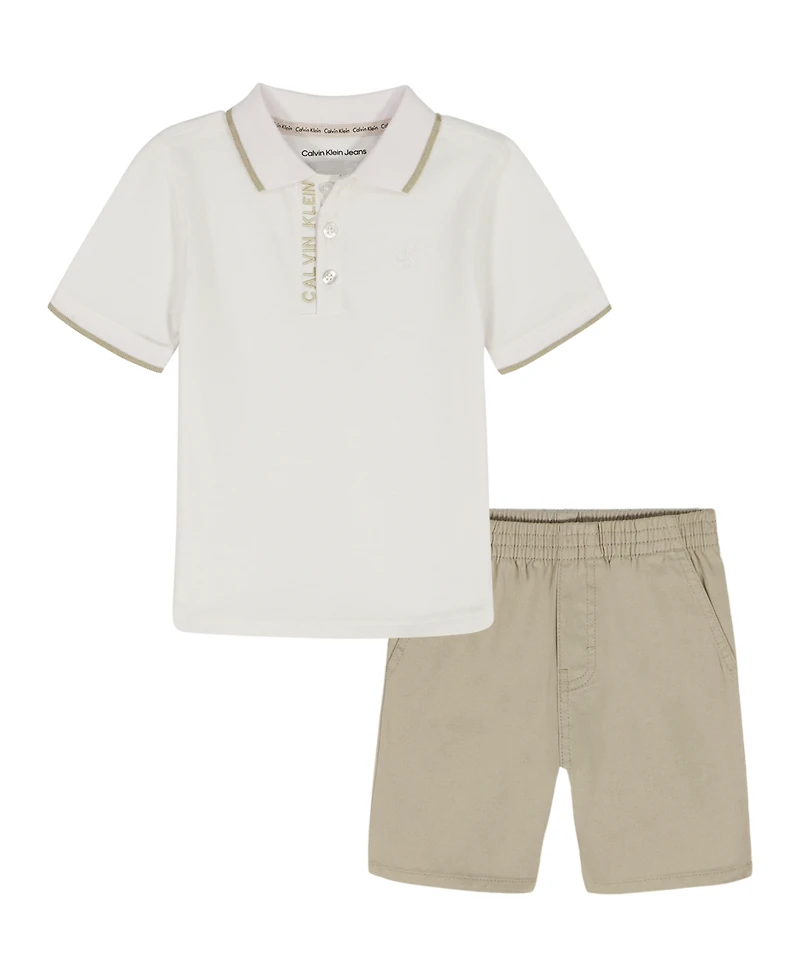 Calvin Klein Boys' Toddler 2T-4T Logo Polo Shirt and Twill Shorts, 2-Piece Set