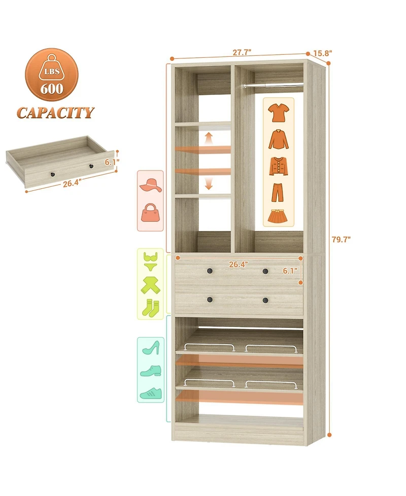 Aheaplus 28'' Freestanding Closet Storage System with 2 Drawers, Tower Hanging Rod, Shelves & Adjustable Shoe Racks