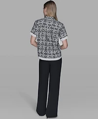 Karl Lagerfeld Paris Petite Printed Collared Camp Shirt